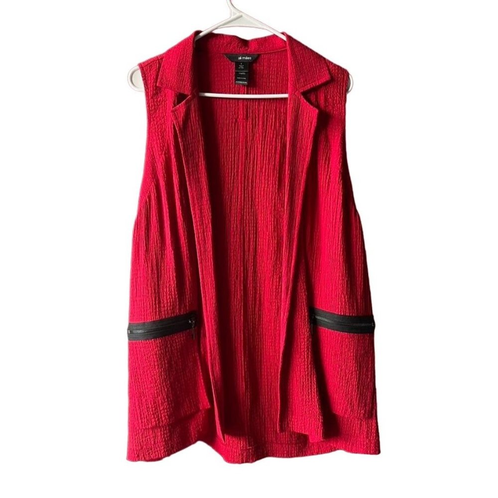Ali Miles Open Front Red Vest Size Small Black Buttons Zipper Pockets